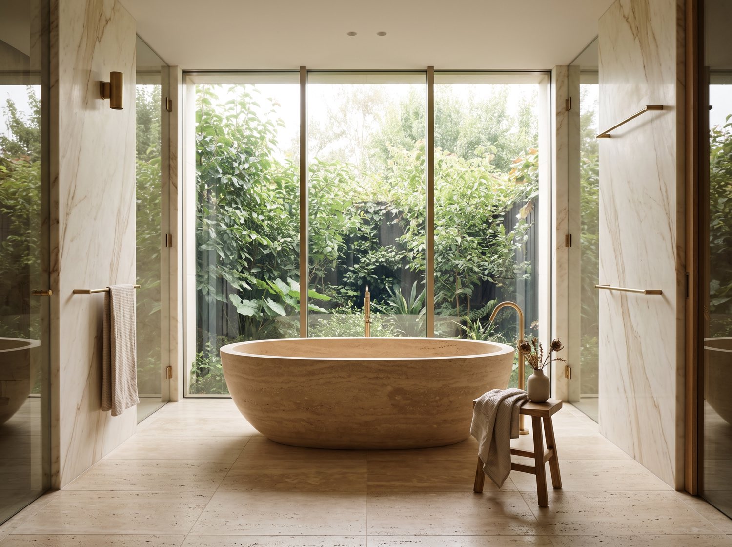 Luxuriöses Spa-Badezimmer mit freistehender Steinwanne, Marmorwänden und bodentiefem Fenster