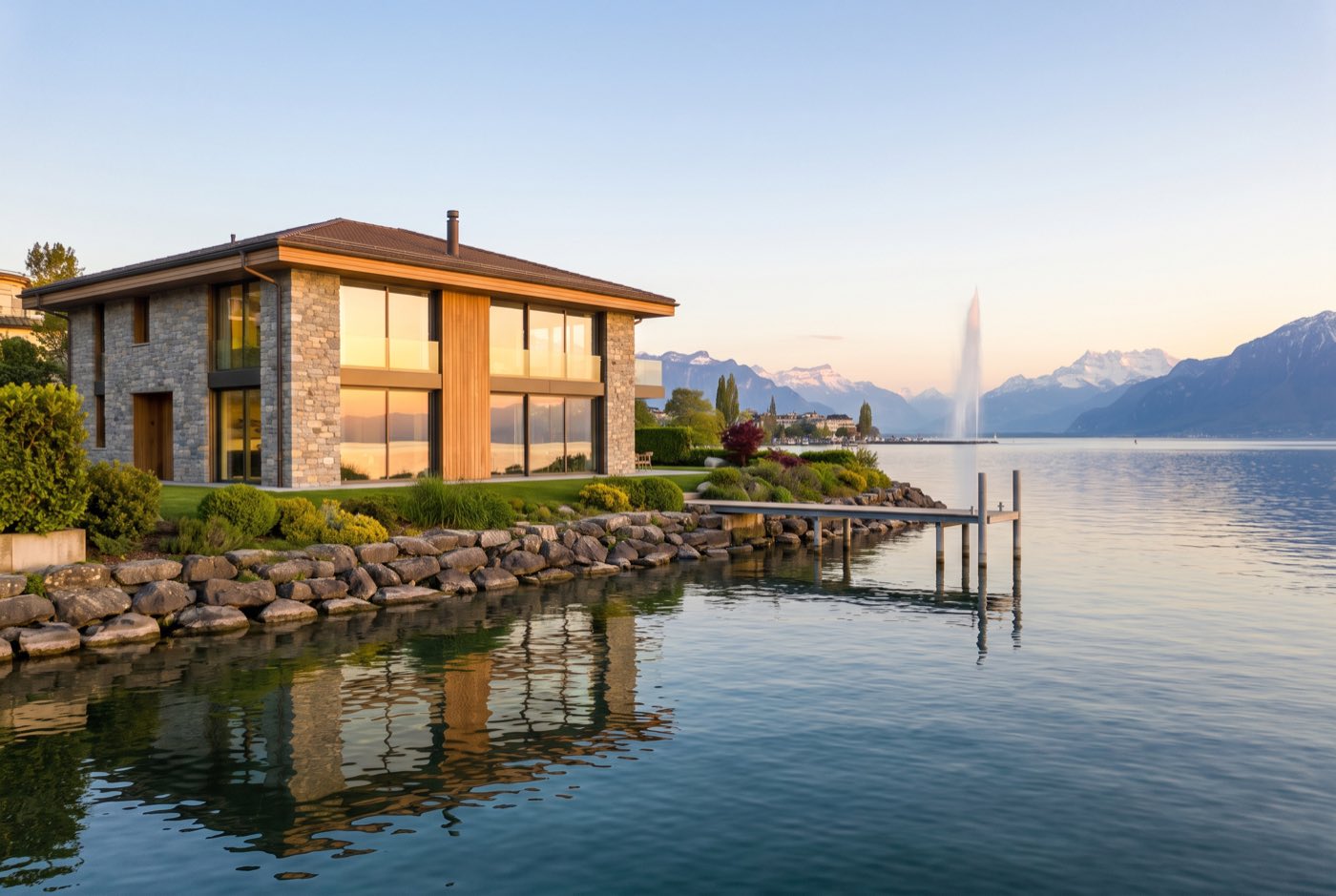 Elegante Seevilla am Genfersee mit bodentiefen Fenstern und Blick auf den See und die Alpen