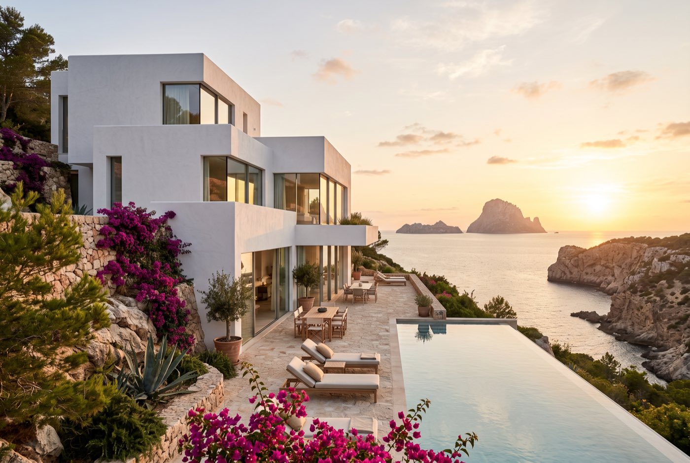 Minimalistische weisse Luxusvilla auf Ibiza mit grossen Glasfenstern und Blick aufs Meer