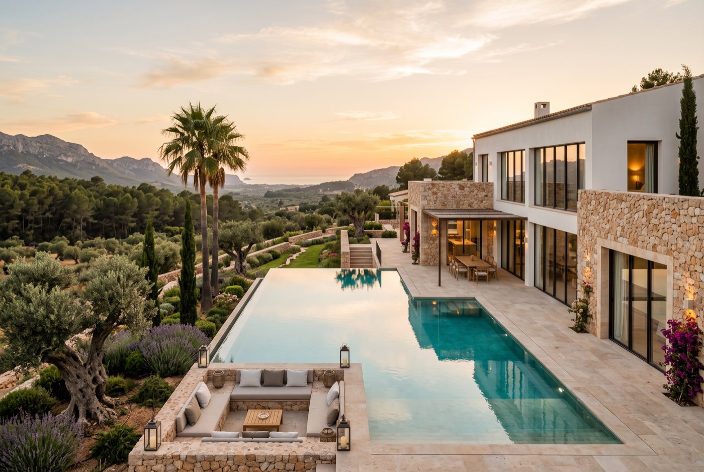 Moderne Finca-Luxusvilla auf Mallorca mit schlanken Fenstern, Naturstein und Infinity-Pool