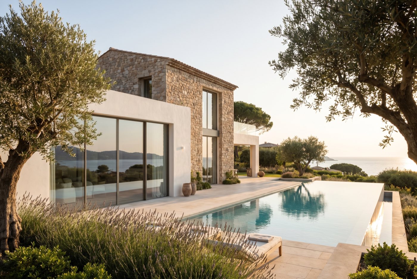 Provenzalisch-moderne Luxusvilla in Saint-Tropez mit schlanken Fenstern und Infinity-Pool