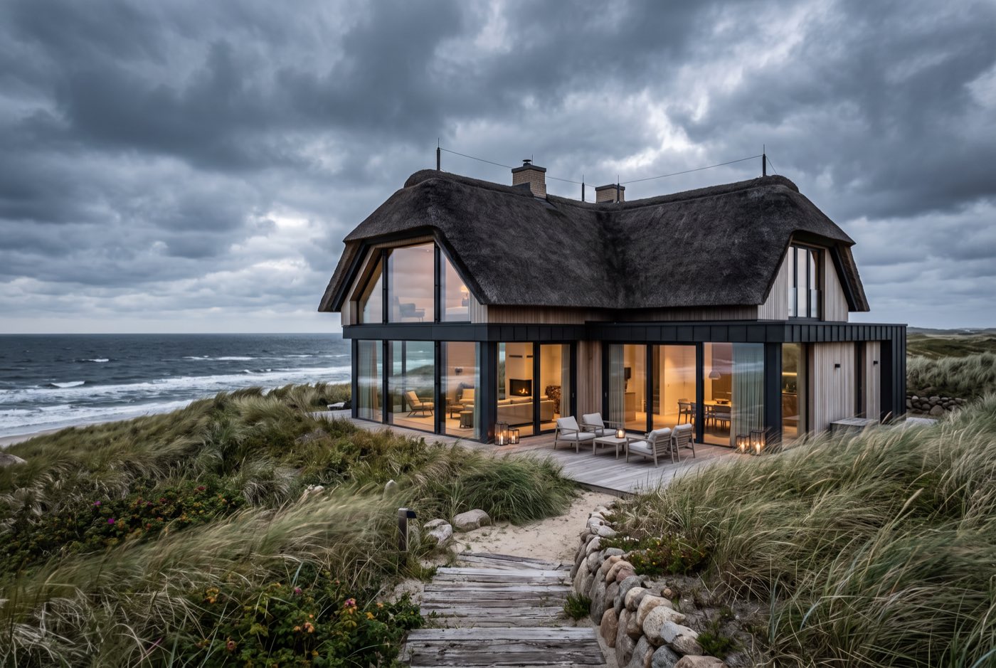 Moderne Reetdach-Luxusvilla auf Sylt mit grossen Panoramafenstern in den Dünen