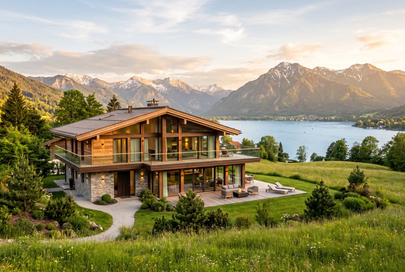 Alpine Chalet-Luxusvilla am Tegernsee in Bayern mit Panoramafenstern und Bergblick