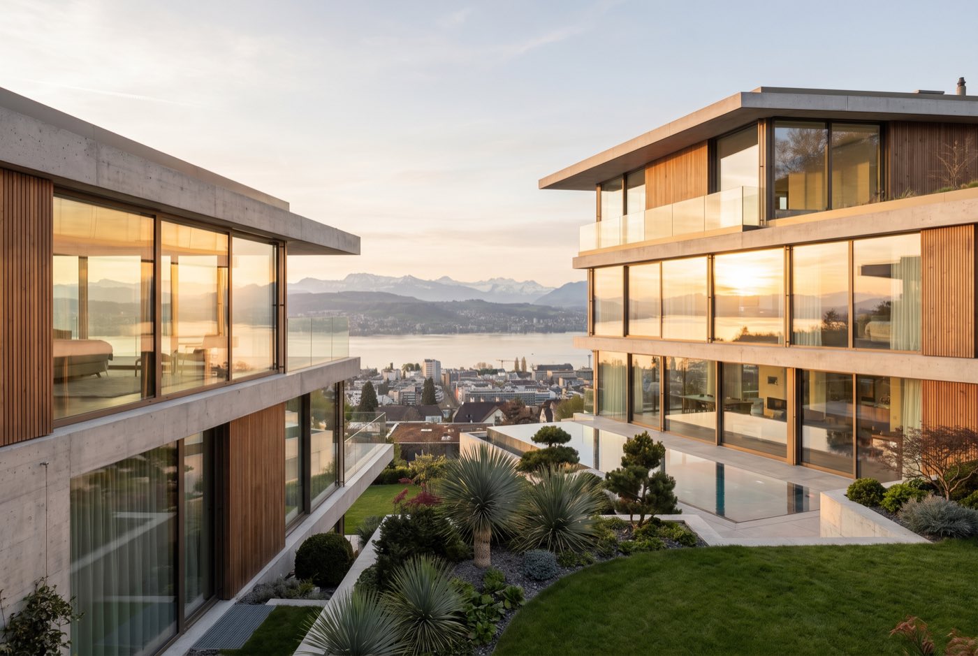 Moderne Luxusvilla am Zürichberg mit bodentiefen Fenstern und Blick über den Zürichsee