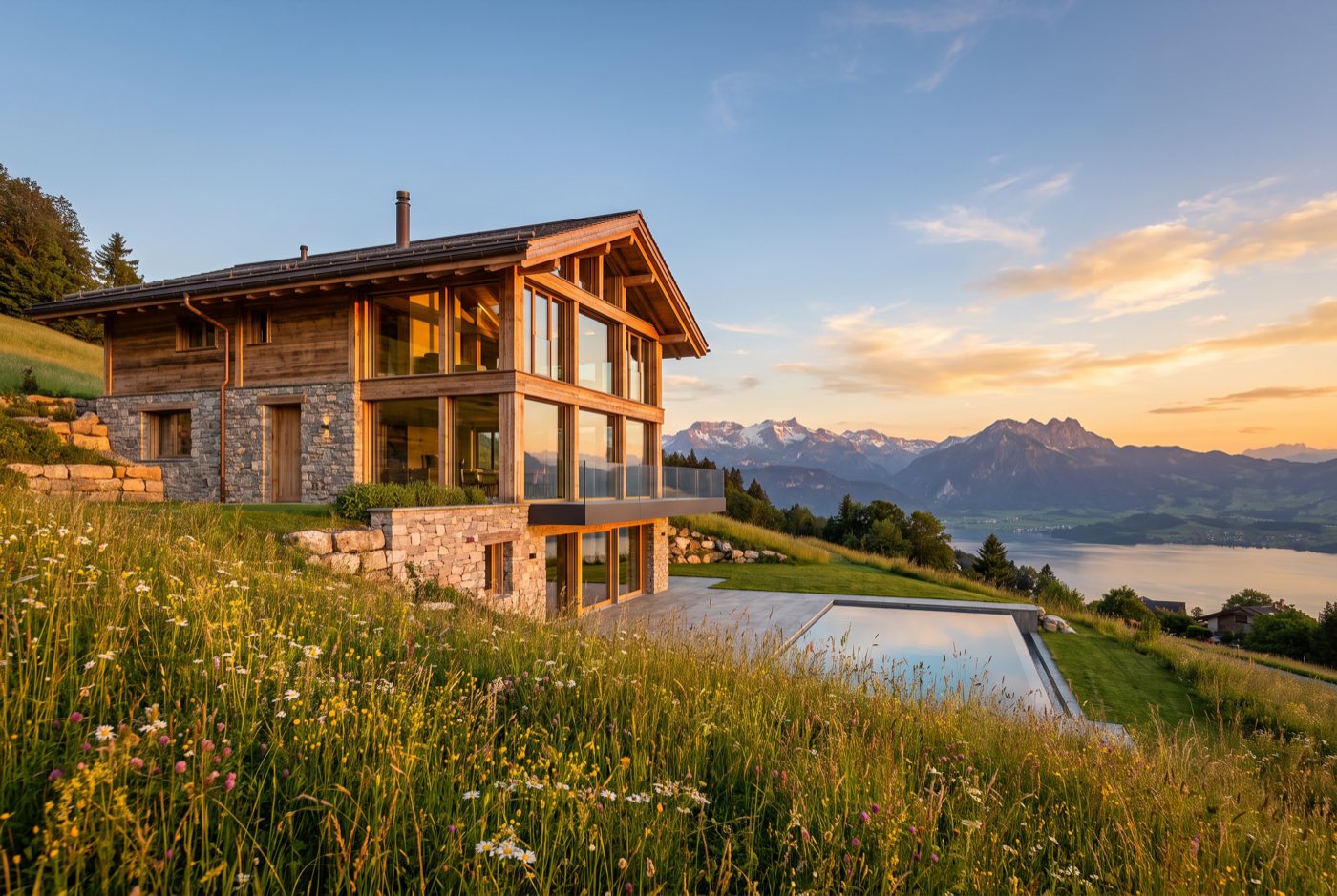 Moderne Chalet-Villa am Zugerberg mit Panoramafenstern und Blick auf den Zugersee und die Alpen